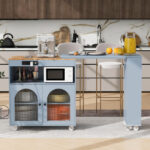 K&K Rolling Kitchen Island With Extended Table, Kitchen Island on Wheels with LED Lights,Power Outlets and 2 Fluted Glass Doors, Kitchen Island with a Storage Compartment and Side 3 Open Shelves