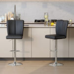 Modern Black PU Bar Stool Set - 2-Piece, featuring vertical and smooth-lined backrests with trumpet-shaped silver metal legs. Ideal for placement in bars, living rooms, lounges, and similar settings