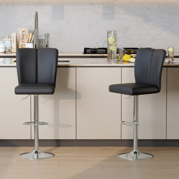 Modern Black PU Bar Stool Set - 2-Piece, featuring vertical and smooth-lined backrests with trumpet-shaped silver metal legs. Ideal for placement in bars, living rooms, lounges, and similar settings