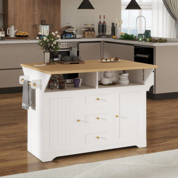 Large Kitchen Island with 2 Drop Leaf,Rolling Kitchen Cart on 5 Wheels with Power Outlet,Folding Storage Dining Table with Spice & Towel Rack , 3 Drawers, for Kitchen, Dining Room,White