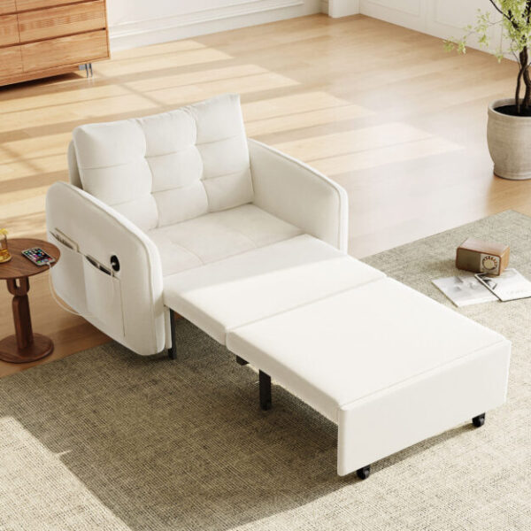 [NEW] 3-in-1 Sleeper Chair Bed, 80" Extra Long Pull Out Sleeping Lounge with USB Charging, Storage Pockets and Box, Tufted Design, Multi-Functional Chenille Single Sofa Bed for Living Room&Apartment
