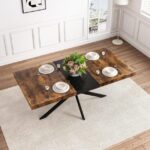 55.11" -70.86"Retro Rectangular Stretch Dining Table, Antique Wood Top And Black Relief Plate, Black Fine Sand Cross Iron Foot Base Dining Table, With Storage Box