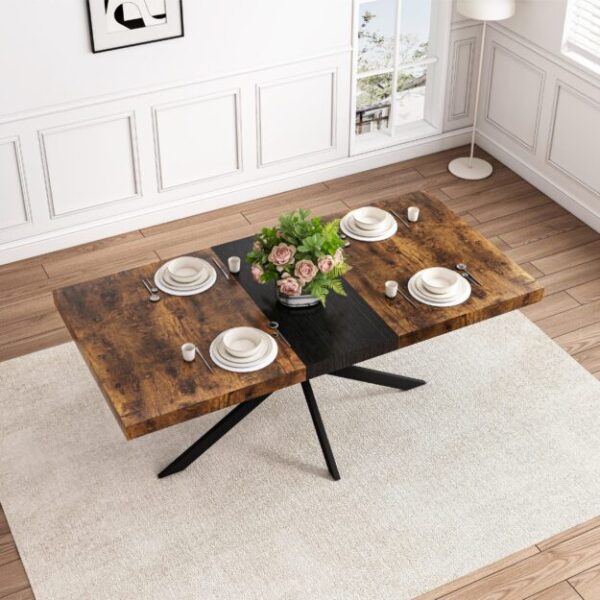 55.11" -70.86"Retro Rectangular Stretch Dining Table, Antique Wood Top And Black Relief Plate, Black Fine Sand Cross Iron Foot Base Dining Table, With Storage Box