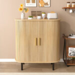 28" Fluted Wine Bar Cabinet with 8-Grid Wine Rack, 5-Level Adjustable Shelves, 2 Glass Holders, Smoothly Sliding Tambour Doors, 4 Hidden Storage Space on the Side,Modern Liquor Coffee Station