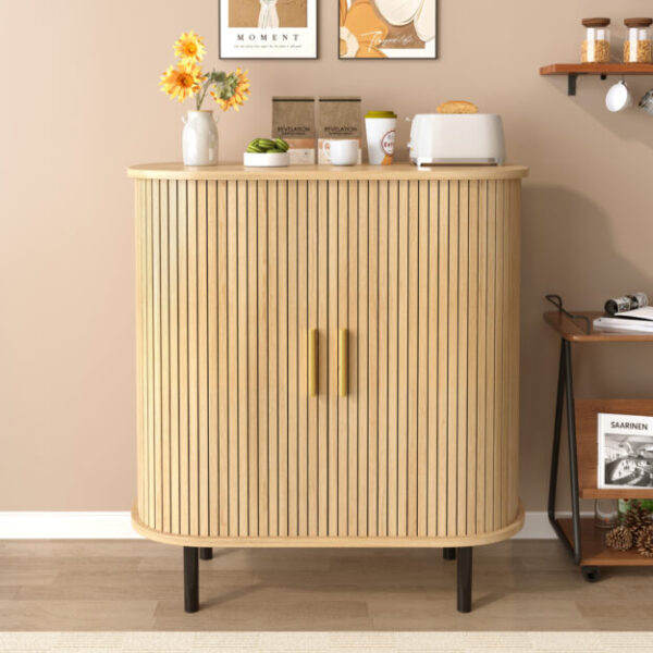 28" Fluted Wine Bar Cabinet with 8-Grid Wine Rack, 5-Level Adjustable Shelves, 2 Glass Holders, Smoothly Sliding Tambour Doors, 4 Hidden Storage Space on the Side,Modern Liquor Coffee Station