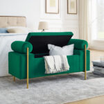 Elegant Upholstered Linen Storage Bench with Cylindrical Arms and Iron Legs for Hallway Living Room Bedroom