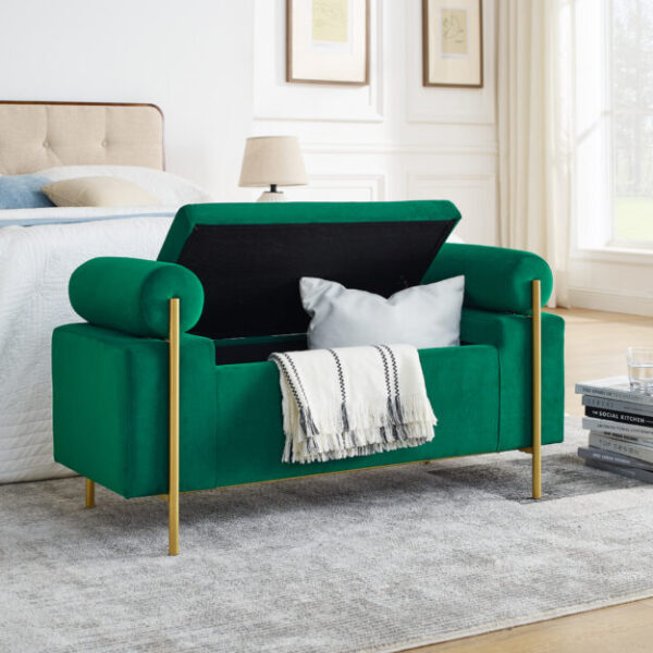 Elegant Upholstered Linen Storage Bench with Cylindrical Arms and Iron Legs for Hallway Living Room Bedroom