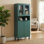Tempered Glass Door Tall Storage Bookcase with adjustable board, 4 doors MDF painting finished cabinet, Green, Living room Bedroom storage
