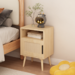 22.83'' H Rattan Nightstand, Side Table with Door Open Shelf, Accent Bedside End Table with Solid Wood Legs for Bedroom, Dorm and Small Spaces, Oak