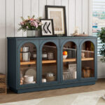 TREXM 4-Door Large Storage Buffet Cabinet with Glass Doors, Arched Cabinet with Adjustable Shelves for Kitchen, Dining Room and Living Room