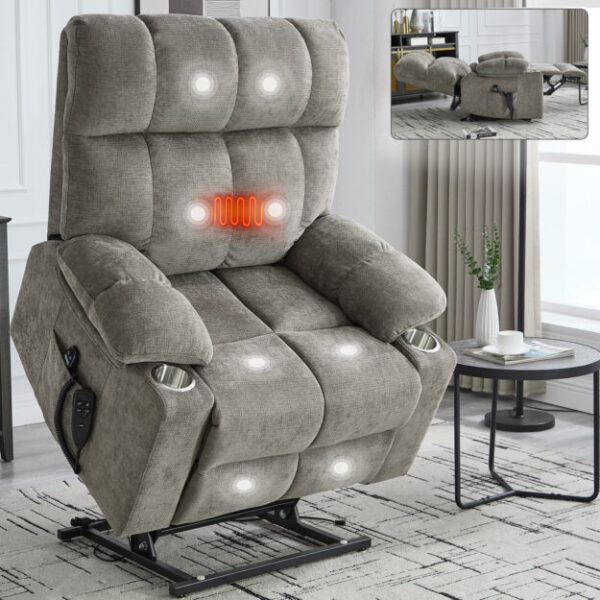 Grey Dual Motor Infinite Position Up to 350 LBS Chenille Power Lift Recliner Chair, Heavy Duty Motion Mechanism with 8-Point Vibration Massage and Lumbar Heating, Dual Cup Holders