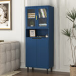 Tempered Glass Door Tall Storage Bookcase with adjustable board, 4 doors MDF painting finished cabinet, Green, Living room Bedroom storage - Image 23