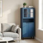 Tempered Glass Door Tall Storage Bookcase with adjustable board, 4 doors MDF painting finished cabinet, Green, Living room Bedroom storage - Image 24