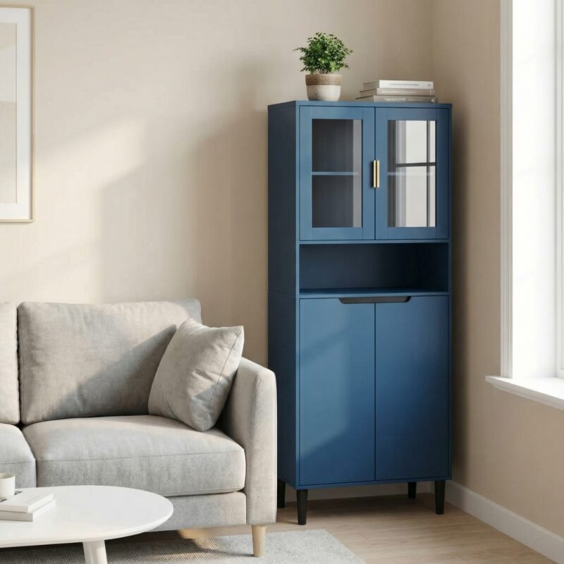Tempered Glass Door Tall Storage Bookcase with adjustable board, 4 doors MDF painting finished cabinet, Green, Living room Bedroom storage - Image 24