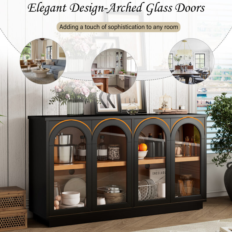 TREXM 4-Door Large Storage Buffet Cabinet with Glass Doors, Arched Cabinet with Adjustable Shelves for Kitchen, Dining Room and Living Room - Image 16