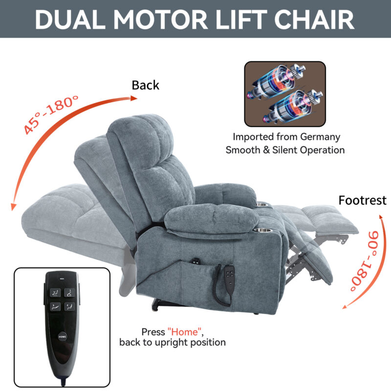 Grey Dual Motor Infinite Position Up to 350 LBS Chenille Power Lift Recliner Chair, Heavy Duty Motion Mechanism with 8-Point Vibration Massage and Lumbar Heating, Dual Cup Holders - Image 9