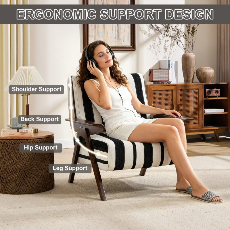 Modern armchair Widened armrests on both sides Solid wood legs Comfortable to sit on, casual reading chair, living room, bedroom, office Black and white stripes(One Pack) - Image 3