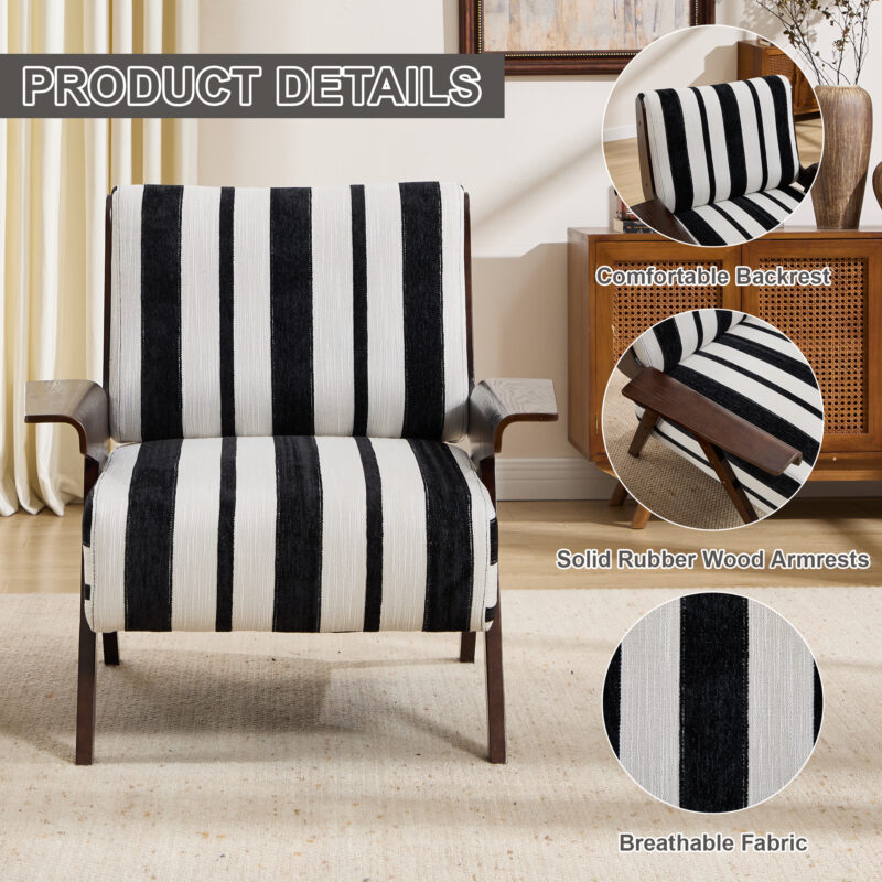 Modern armchair Widened armrests on both sides Solid wood legs Comfortable to sit on, casual reading chair, living room, bedroom, office Black and white stripes(One Pack) - Image 7