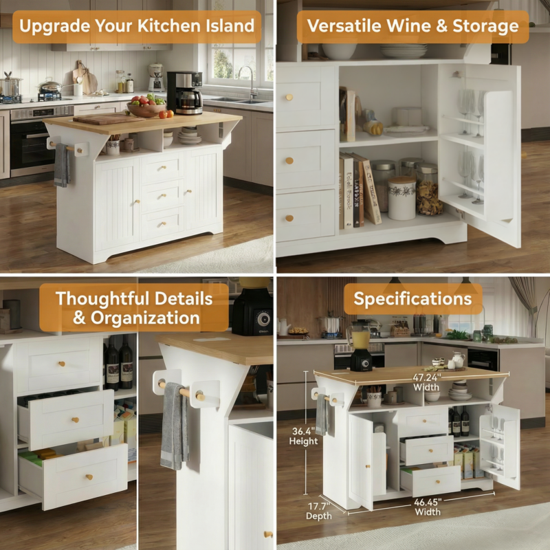 Large Kitchen Island with 2 Drop Leaf,Rolling Kitchen Cart on 5 Wheels with Power Outlet,Folding Storage Dining Table with Spice & Towel Rack , 3 Drawers, for Kitchen, Dining Room,White - Image 4