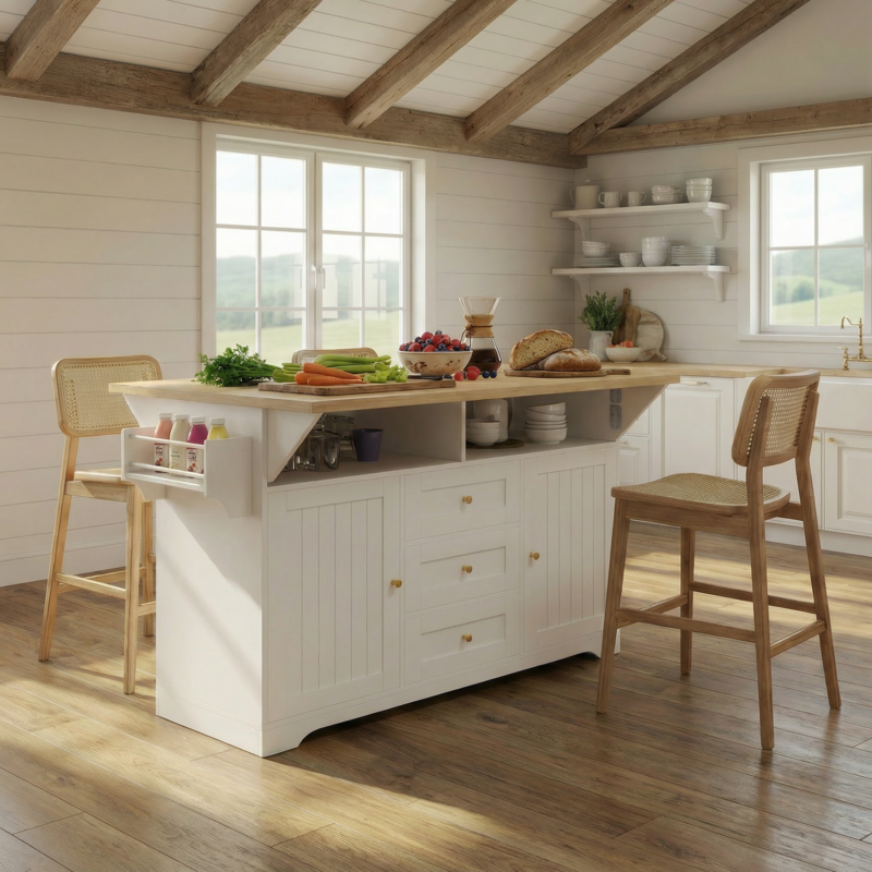 Large Kitchen Island with 2 Drop Leaf,Rolling Kitchen Cart on 5 Wheels with Power Outlet,Folding Storage Dining Table with Spice & Towel Rack , 3 Drawers, for Kitchen, Dining Room,White - Image 2