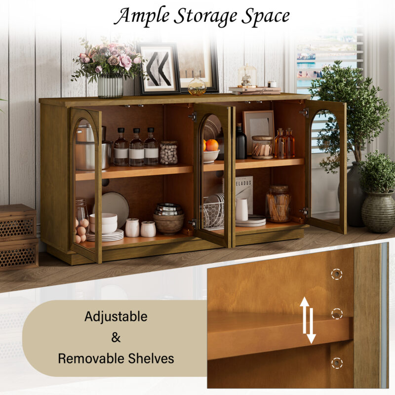 TREXM 4-Door Large Storage Buffet Cabinet with Glass Doors, Arched Cabinet with Adjustable Shelves for Kitchen, Dining Room and Living Room - Image 9