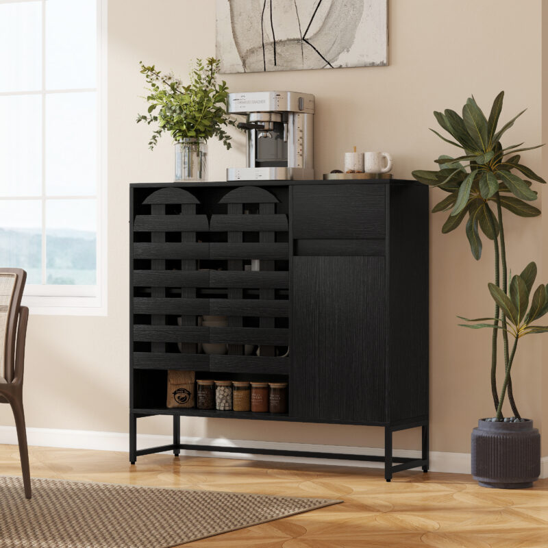 Buffet Cabinet with Storage: 44.49"Black Woven Door Accent Cabinets,with Arched Doors,with Multi layer Adjustable,with Metal Leg,woven door and drawer - for Kitchen Living Dining Room Entryway - Image 2