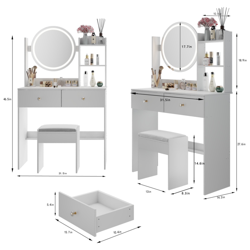 17" Round LED Mirror Vanity Table + Soft Cushion Stool Suit, Large Mirror, Touch Switch, 3 colors, Adjustable Brightness, Large Desktop, Multi-layer High Capacity Storage, Suitable For Small Space - Image 2