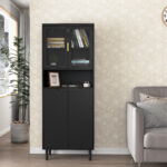 Tempered Glass Door Tall Storage Bookcase with adjustable board, 4 doors MDF painting finished cabinet, Green, Living room Bedroom storage - Image 18