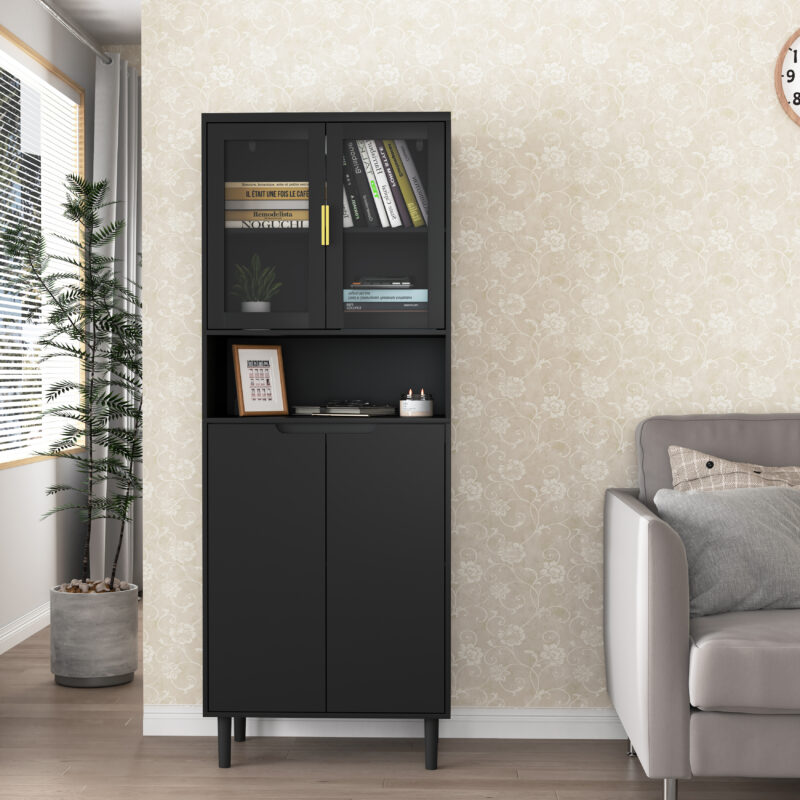 Tempered Glass Door Tall Storage Bookcase with adjustable board, 4 doors MDF painting finished cabinet, Green, Living room Bedroom storage - Image 18