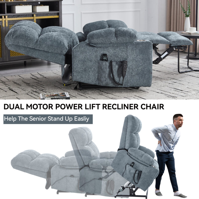 Grey Dual Motor Infinite Position Up to 350 LBS Chenille Power Lift Recliner Chair, Heavy Duty Motion Mechanism with 8-Point Vibration Massage and Lumbar Heating, Dual Cup Holders - Image 8