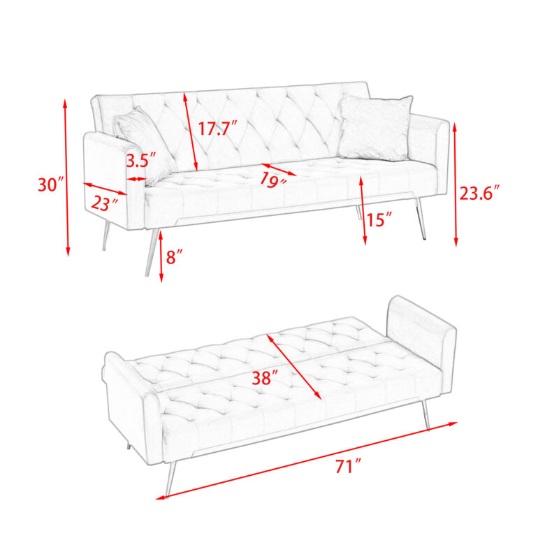 71 inch convertible love seat sofa, American retro beige velvet, suitable for small living room, bedroom, office - Image 2