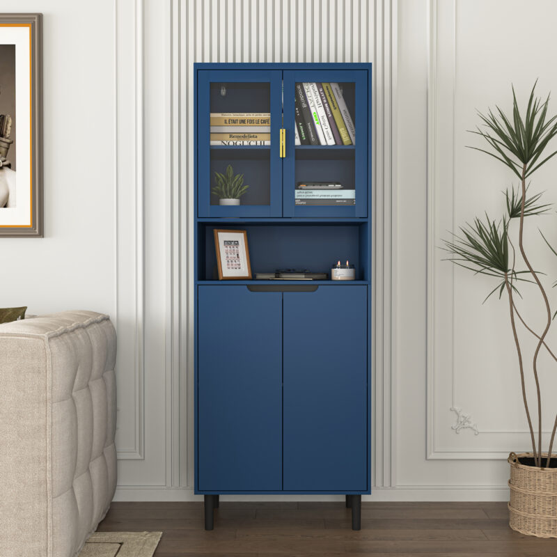 Tempered Glass Door Tall Storage Bookcase with adjustable board, 4 doors MDF painting finished cabinet, Green, Living room Bedroom storage - Image 25