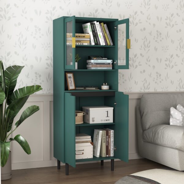 Tempered Glass Door Tall Storage Bookcase with adjustable board, 4 doors MDF painting finished cabinet, Green, Living room Bedroom storage