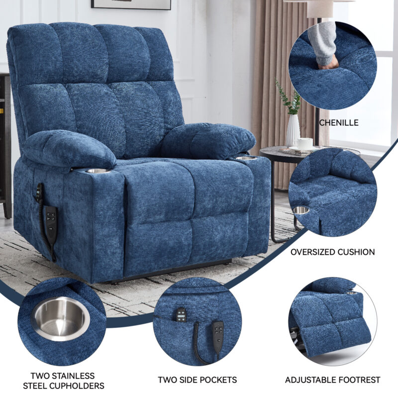 Grey Dual Motor Infinite Position Up to 350 LBS Chenille Power Lift Recliner Chair, Heavy Duty Motion Mechanism with 8-Point Vibration Massage and Lumbar Heating, Dual Cup Holders - Image 14