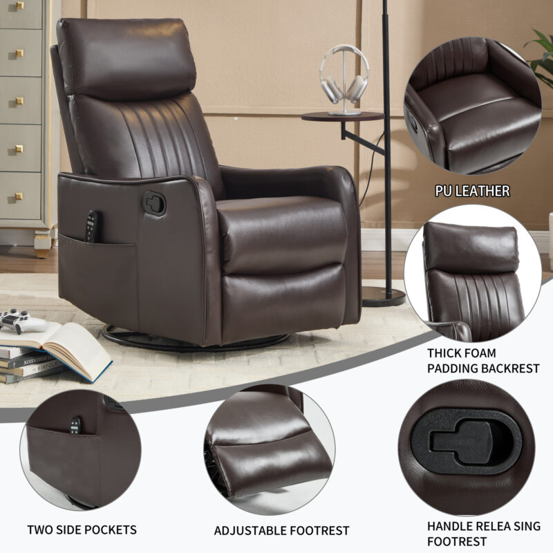 Red Faux Leather Heat Massage Manual Recliner Chair with Rocker and Swivel for Living Room - Image 15
