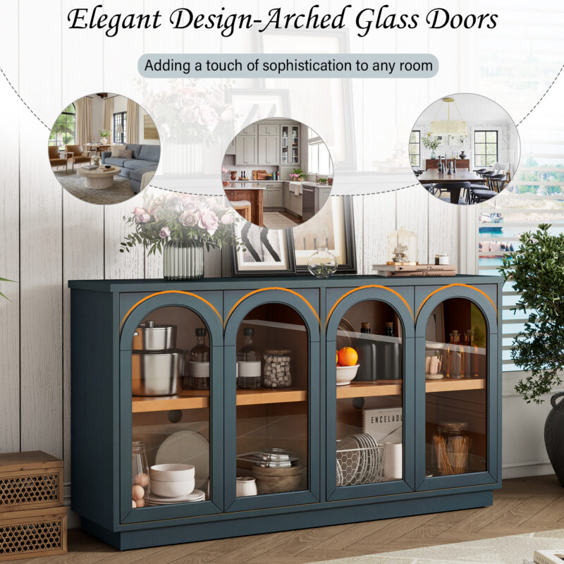 TREXM 4-Door Large Storage Buffet Cabinet with Glass Doors, Arched Cabinet with Adjustable Shelves for Kitchen, Dining Room and Living Room - Image 7