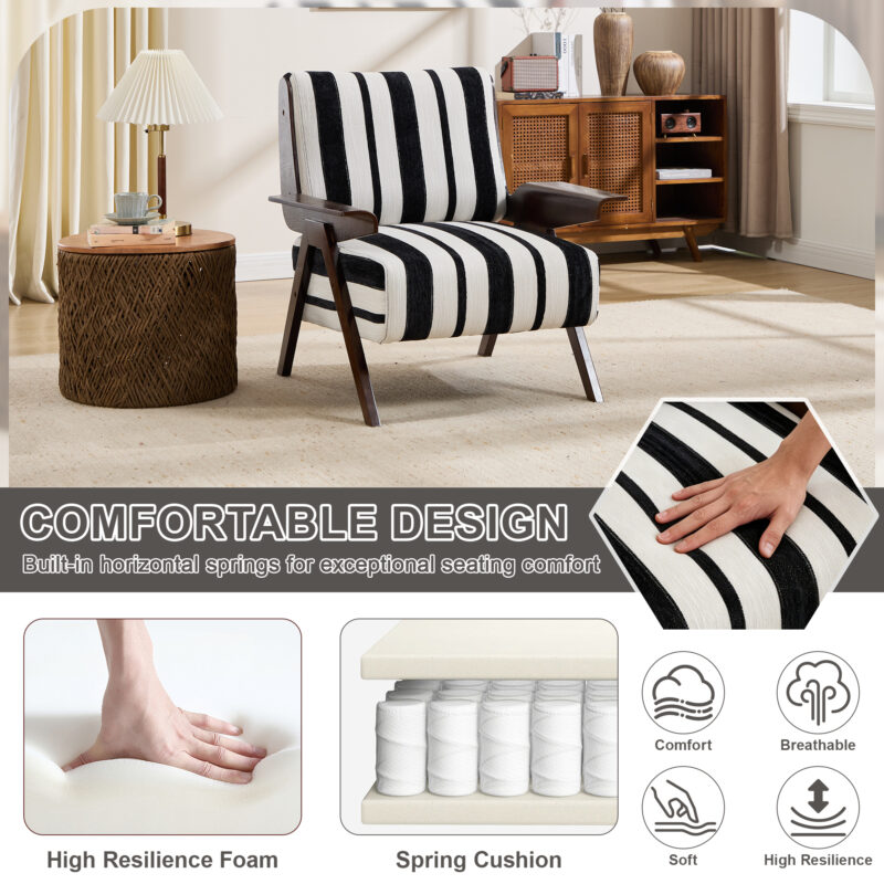 Modern armchair Widened armrests on both sides Solid wood legs Comfortable to sit on, casual reading chair, living room, bedroom, office Black and white stripes(One Pack) - Image 6