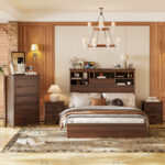 4PCS Bedroom Sets, Wooden Queen Size Bed Frame with Storage Headboard and Charging Station, 2 Nightstands with 2 Drawers, 1 Dresser with 5 Drawers, Walnut(old SKU HL000102AAD) - Image 2