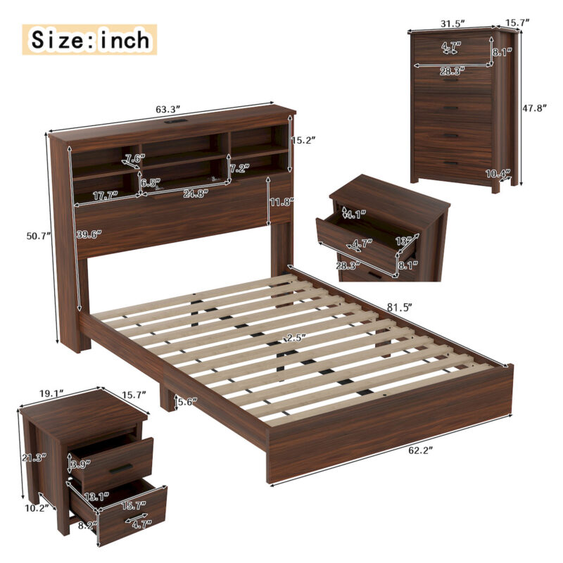 4PCS Bedroom Sets, Wooden Queen Size Bed Frame with Storage Headboard and Charging Station, 2 Nightstands with 2 Drawers, 1 Dresser with 5 Drawers, Walnut(old SKU HL000102AAD) - Image 7