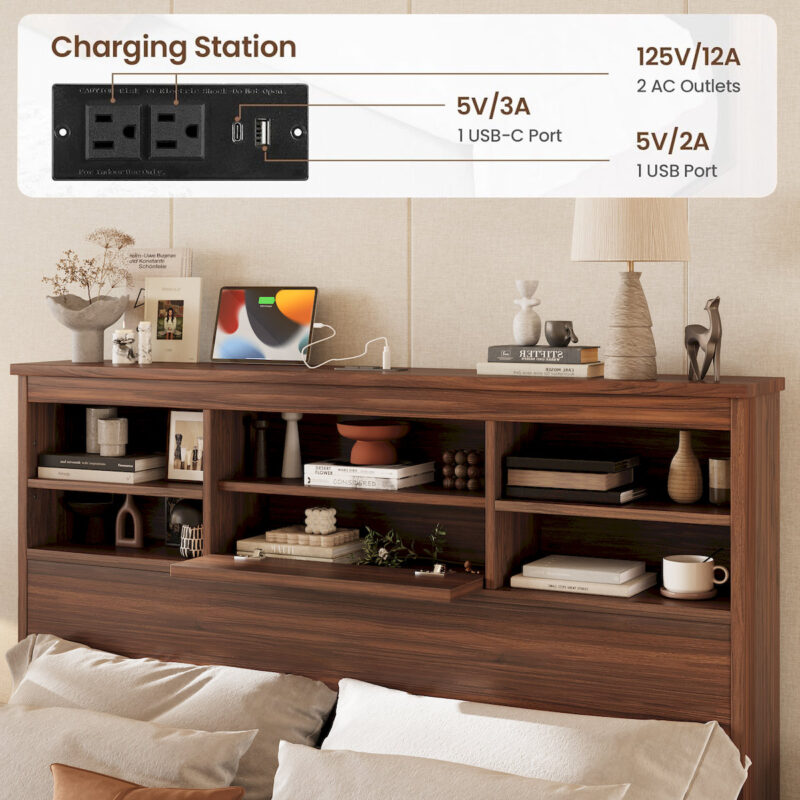 4PCS Bedroom Sets, Wooden Queen Size Bed Frame with Storage Headboard and Charging Station, 2 Nightstands with 2 Drawers, 1 Dresser with 5 Drawers, Walnut(old SKU HL000102AAD) - Image 3