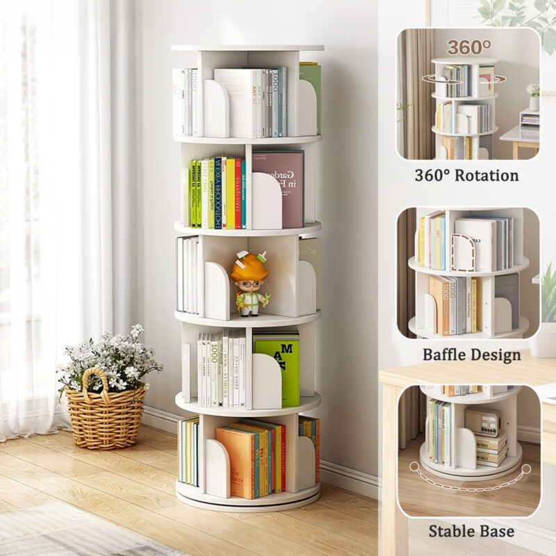 5 Tier Rotating Bookshelf, 360° Display Round Spinning Bookshelf, Space-Saving, Small Space Rotating Bookshelf Tower for Bedroom, Living Room, Home, Office, Wood Color - Image 15