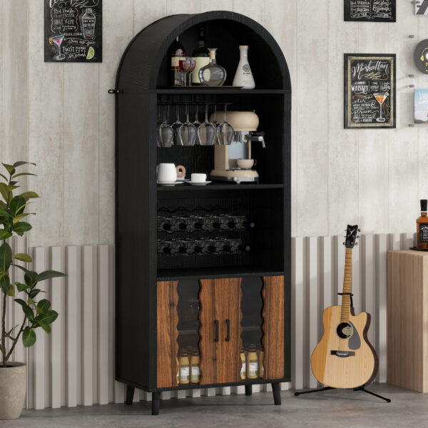 71"Farmhouse Arched Wine Bar Cabinet: tall arched display cabinet , arch black cabinets &coffee bar, whiskey station with wine rack and Wine Glass Holder - Liquor Bars Cabinet for Living Dining Room