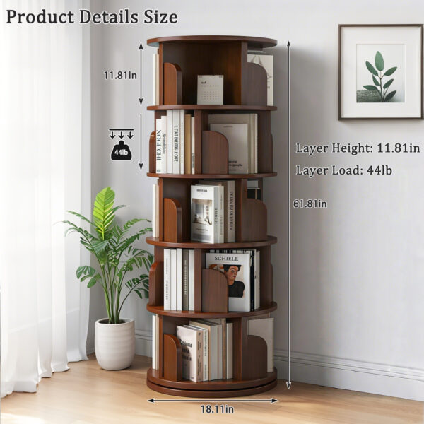5 Tier Rotating Bookshelf, 360° Display Round Spinning Bookshelf, Space-Saving, Small Space Rotating Bookshelf Tower for Bedroom, Living Room, Home, Office, Wood Color