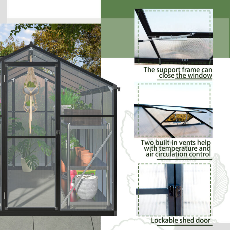 6x8 FT Greenhouse for Outdoors, Polycarbonate Greenhouse with Quick Setup Structure and Roof Vent, Aluminum Large Walk-in Greenhouse for Outside Garden Backyard, Black - Image 8