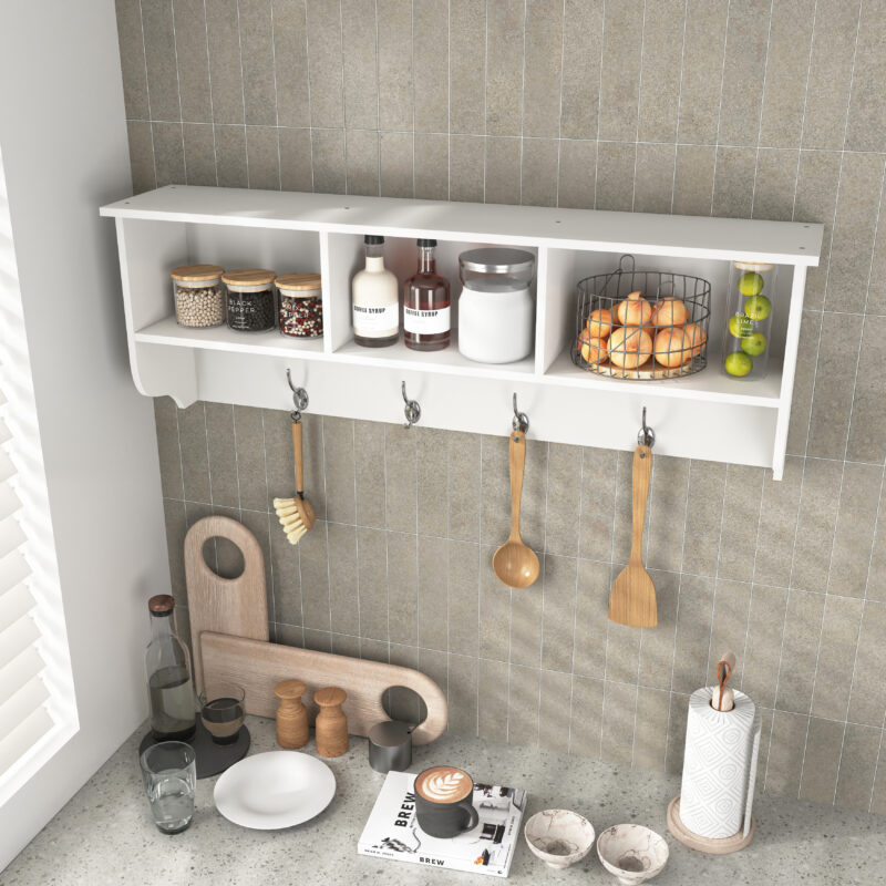 White Entryway Wall Mounted Coat Rack with 4 Dual Hooks Living Room Wooden Storage Shelf - Image 6