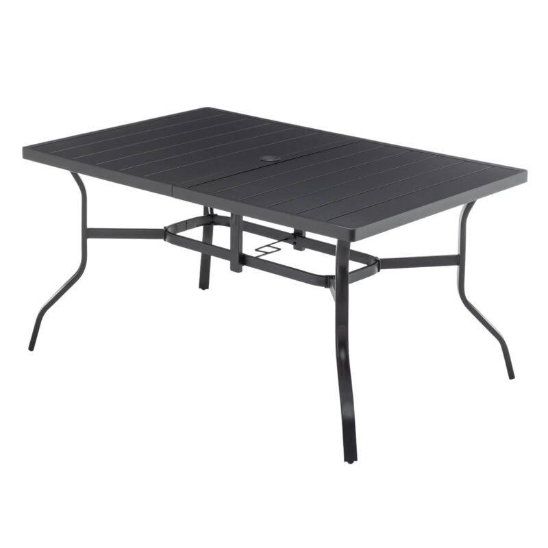 Outdoor Dining Table for 6, Powder-Coated Steel Slat Top with 2.16" Umbrella Hole, Anti-Slip Pads, E-Coating Frame, All-Weather Black Patio Table for Garden, Poolside, Backyard - Image 10
