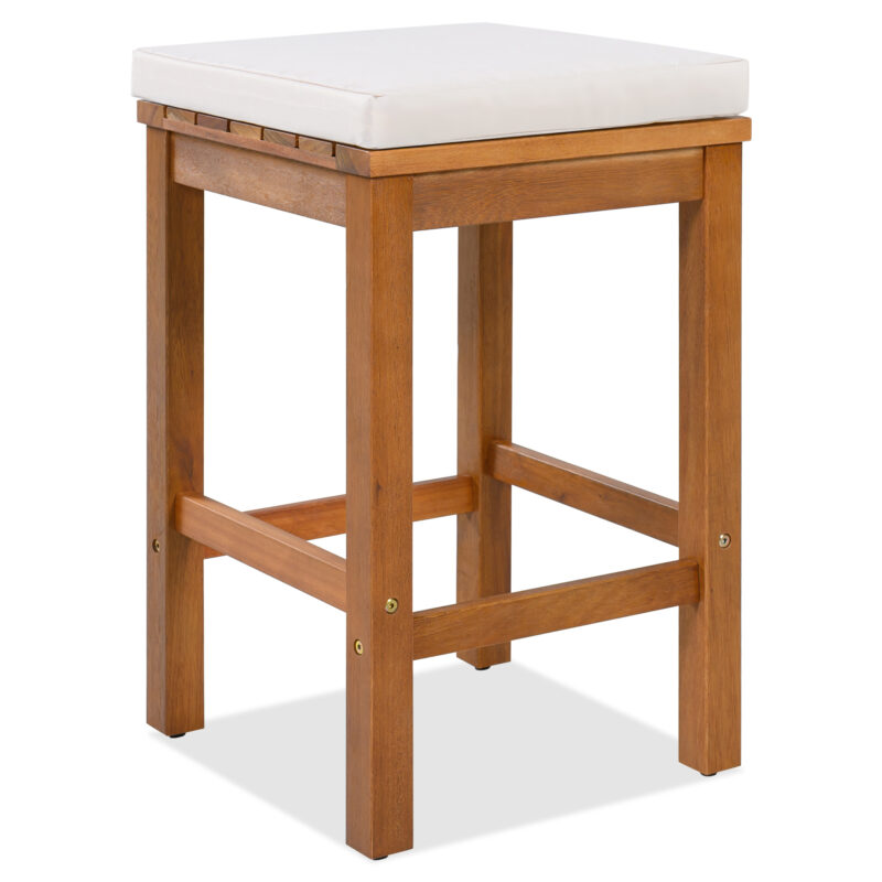5 Piece Outdoor Bar Set, Patio Acacia Wood Bar Height Table & Four Stools with Cushions, Wood Dining Bar Set for Backyard, Poolside, Balcony, Beige Cushion and Natural Wood - Image 10