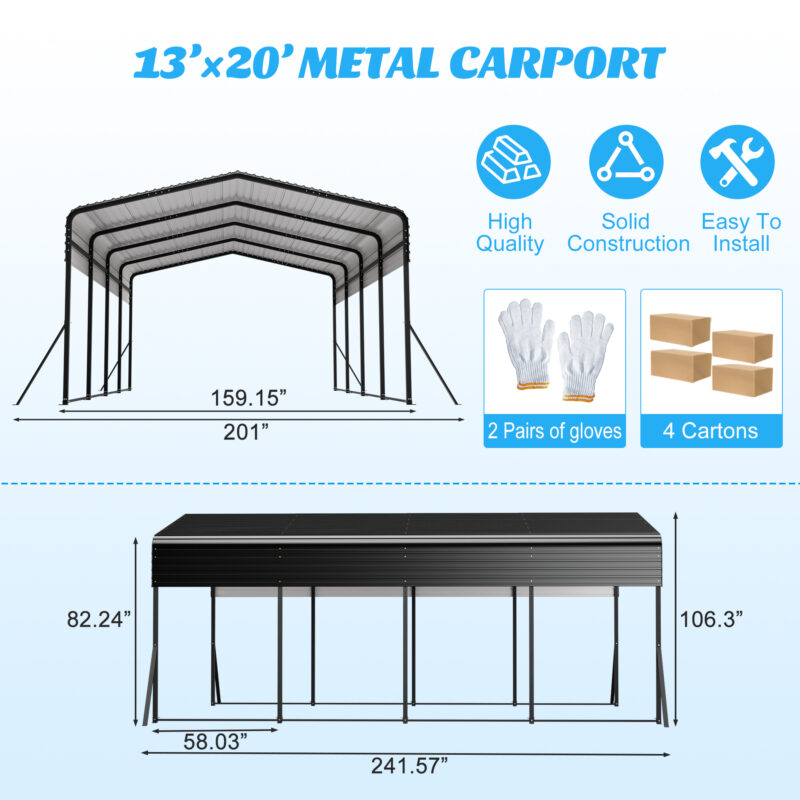 13x20 FT Metal Carport,Garage with Upgraded Triangle Reinforced Frame&4 Poles,Galvanized Steel Hardtop Roof,Heavy-Duty All-Weather Shelter for Car,Truck,Boat,Outdoor Storage - Image 6