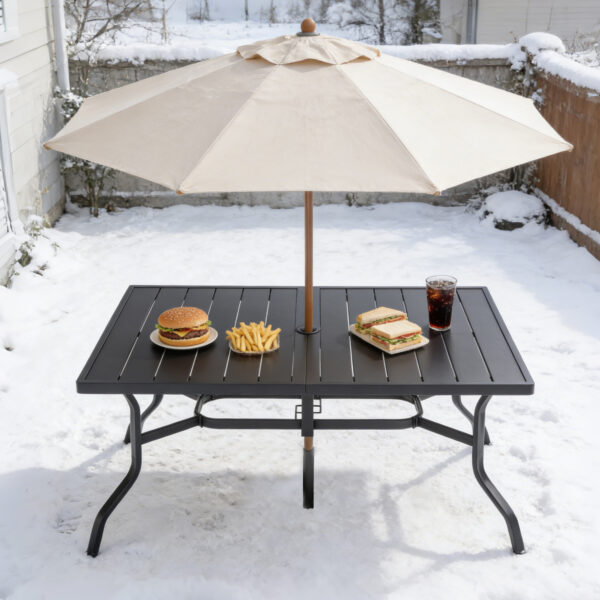 Outdoor Dining Table for 6, Powder-Coated Steel Slat Top with 2.16" Umbrella Hole, Anti-Slip Pads, E-Coating Frame, All-Weather Black Patio Table for Garden, Poolside, Backyard