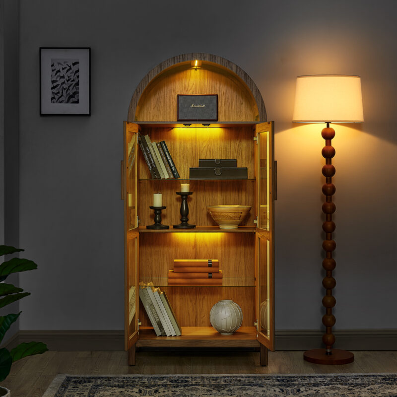 A high arched storage cabinet with a lamp, a modern retro-style wooden storage cabinet with adjustable glass partitions, suitable for use as a multi-functional cabinet in kitchens-Black - Image 7